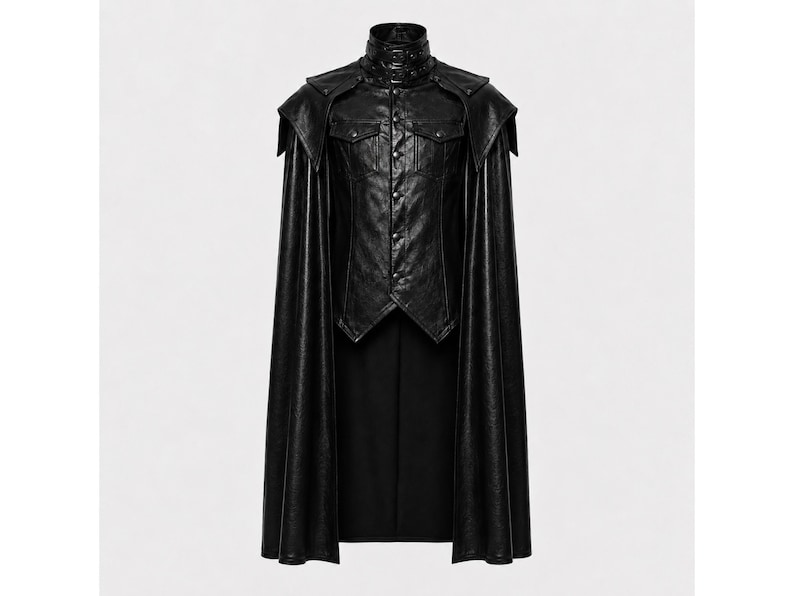 May include: A black faux leather jacket with a high collar and attached cape. The jacket has a button-up front and shoulder epaulets. The cape extends to the mid-thigh. The garment is designed for cosplay or gothic fashion.