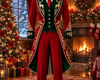 Festive Reindeer Suit for Men, Red Long Coat with Green Vest, Holiday Party Formal Outfit, Christmas Event Wear, Seasonal Menswear