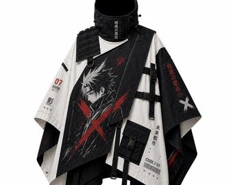 Anime Techwear Cloak – Sasuke Uchiha Cyberpunk Streetwear Poncho, Warcore Hooded Cape