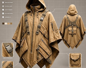 Black Ops Utility Cloak – Post Apocalyptic Techwear Poncho, Cyberpunk Cape, Desert Tan