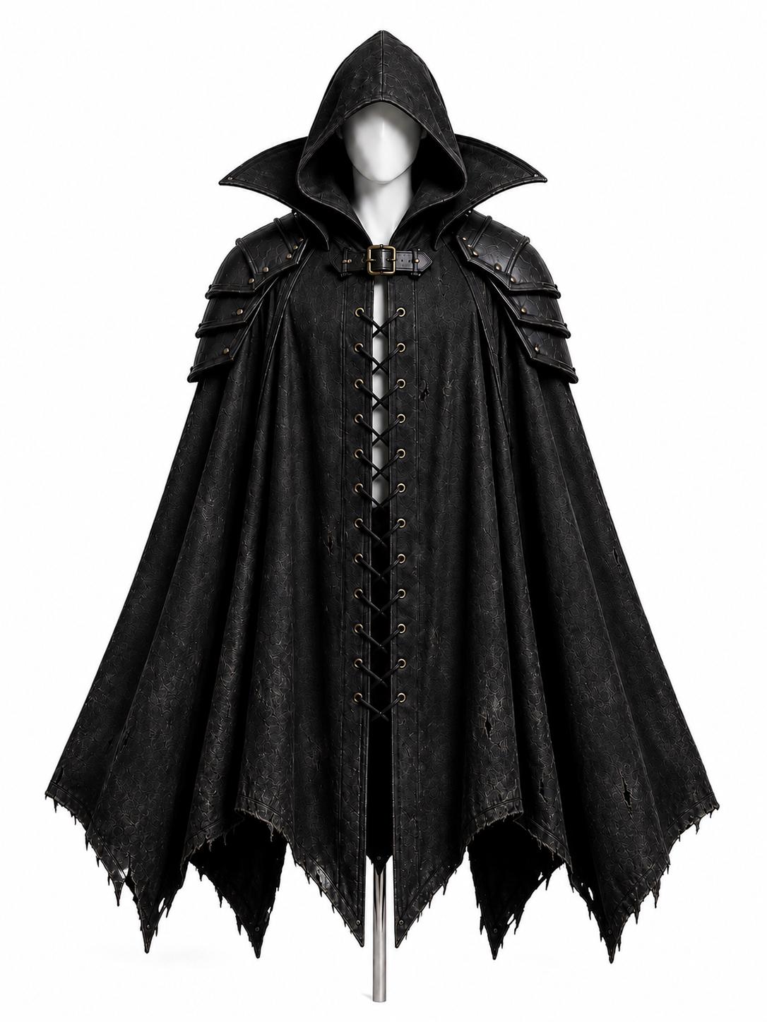 Black Vampire Cloak with Hood and Armor, Gothic Fantasy Cape, Medieval Hooded Cloak, Dark LARP Cosplay, Renaissance Costume