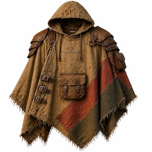 Vintage Western Military Poncho -Bohemian Winter Wrap - Desert Nomad Warrior Outfit - Leather Canvas Cloak, Rugged Cowboy - gift for him