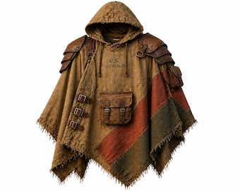 Vintage military Distressed Canvas Leather Military Poncho – Western Cowboy Cloak, Desert Nomad Outerwear