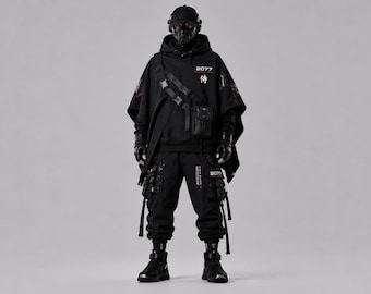 Cyberpunk Samurai Techwear Hoodie – 2077 Tactical Poncho, Oni Mask Darkwear, Ninja Cloak