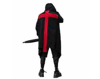 Cyberpunk Duster Cloak | Asymmetric Hooded Techwear Poncho, Red Cross Detail