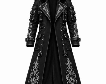 Gothic Embroidered Long Coat for Men, Black Ornamental Trench Coat, Victorian Punk Jacket, Darkwear Alternative Outerwear Rock Festival Coat
