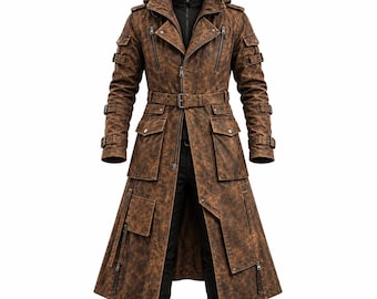 Post Apocalyptic Rogue Wasteland Hooded Coat, Distressed Brown Trench Coat, Cyberpunk Cosplay Jacket, Gothic Utility Coat, Festival Outfit
