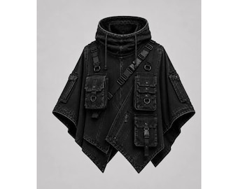 Oversized Techwear Cape | Gothic Cyberpunk Utility Poncho, Tactical Streetwear Hooded Cloak