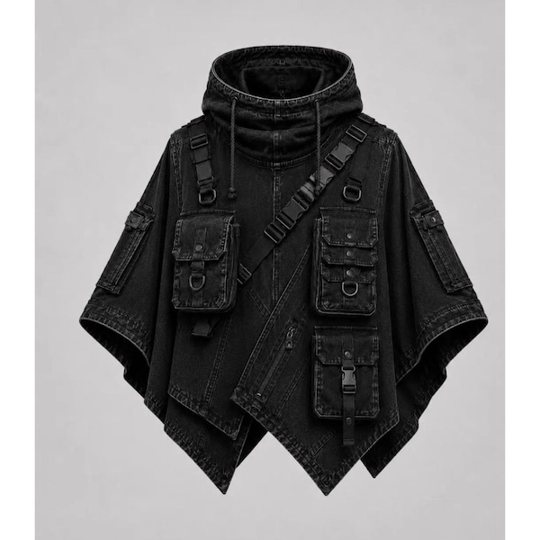 Oversized Techwear Cape | Gothic Cyberpunk Utility Poncho, taktyczny płaszcz z kapturem w stylu streetwear