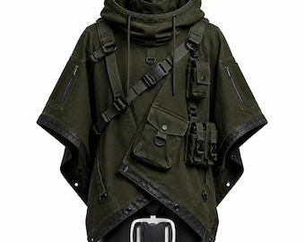 Dark Green Cyberpunk Techwear Poncho, Hooded Tactical Cloak, Post Apocalyptic Cape, Utility Streetwear Coat, Dystopian Festival Outfit