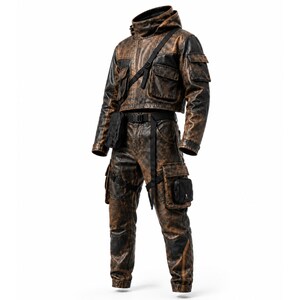 Distressed Leather Techwear Jacket & Cargo Pants Set | Cyberpunk Tactical Outfit
