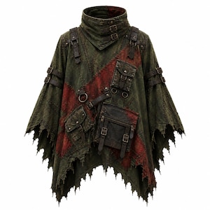 May include: An olive green poncho with a high collar, featuring dark red diagonal fabric accents, multiple utility pockets with buckles, and decorative straps on the shoulders and sides. The hemline has a distressed, jagged, and uneven edge.