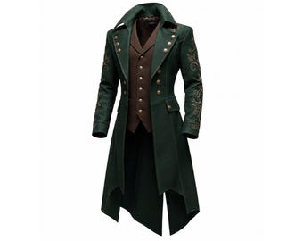 Men's Emerald Green Gothic Tailcoat with Waistcoat | Gold Embroidered Steampunk Aristocrat Coat