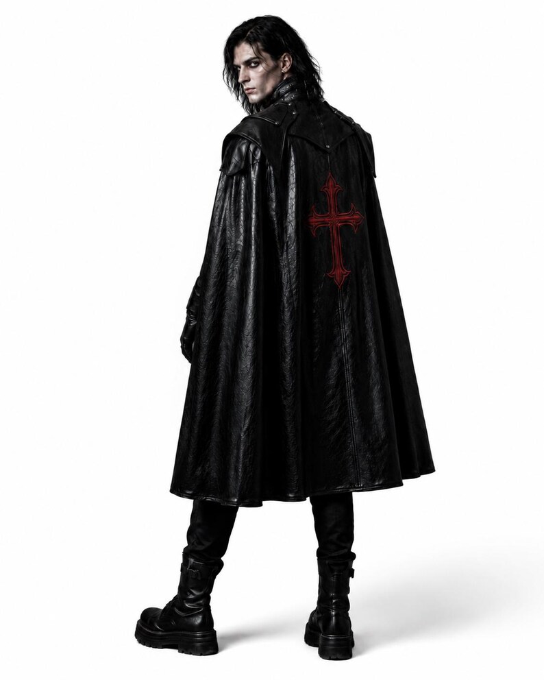 May include: A black, faux leather cape with a red cross design on the back. The cape is worn with black boots and gloves. The person is looking over their shoulder. The cape has a textured appearance.