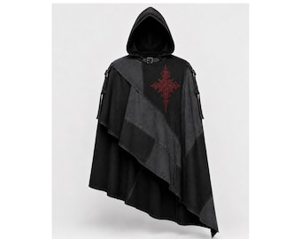 Gothic Patchwork Hooded Cloak | Red Embroidery, Asymmetric Darkwear Cape