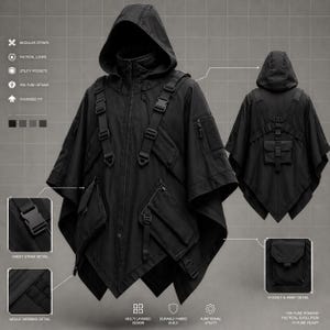 May include: Black tactical poncho with a hood, multiple pockets, and straps. Features include modular straps, tactical loops, and utility pockets. The design includes YKK fuse details and an oversized fit. The poncho has a multi-layered design and durable fabric.