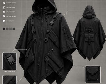 May include: Black tactical poncho with a hood, multiple pockets, and straps. Features include modular straps, tactical loops, and utility pockets. The design includes YKK fuse details and an oversized fit. The poncho has a multi-layered design and durable fabric.