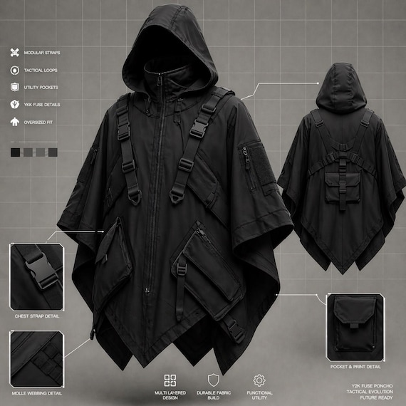 Black Techwear Poncho Jacket – Tactical Hooded Cape, Cyberpunk Streetwear, Utility Strap Coat