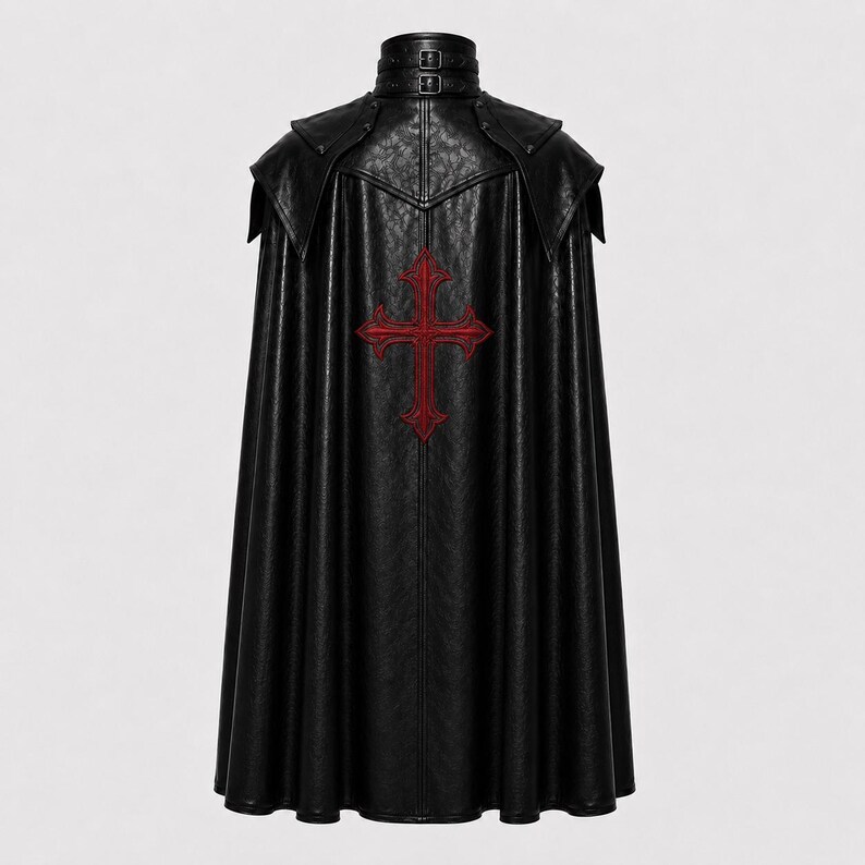 May include: Black faux leather cape with a red cross emblem on the back. The cape features a high collar with buckle details and a flowing design. The garment has a textured appearance and a gothic aesthetic.