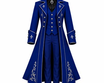 Blue Long Coat for Men, Silver Trim Waistcoat Set, Fleur De Lis Detail, Formal Dress Ensemble, Tailored Trouser Outfit, Special Occasion