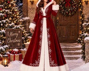 Women's Christmas Coat, Red Velvet Hooded Jacket with Faux Fur Trim, Snowflake Embroidered Winter Cape, Festive Holiday Outerwear