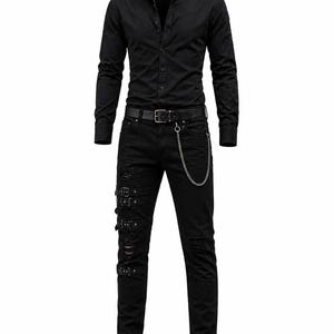 May include: A black long-sleeve button-down shirt paired with black distressed jeans. The jeans feature three horizontal straps with silver buckles on the right leg, a black belt with a silver buckle, and a silver chain attached to the belt loop.
