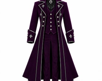 Purple Velvet Frock Coat for Men, Long Tail Formal Jacket, Silver Piped Waistcoat Set, Fleur De Lis Costume, Elegant Evening Ensemble