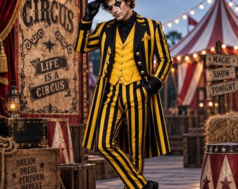 Black Yellow Satin Striped Tuxedo, Men's Gold Vest Outfit, Dramatic Long Coat, Theater Performance Wear, Formal Party Suit