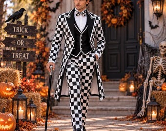 Halloween Checkered Tailcoat Suit, Black White Ringmaster Costume, Victorian Gothic Tuxedo, Men's Halloween Costume, Carnival Outfit