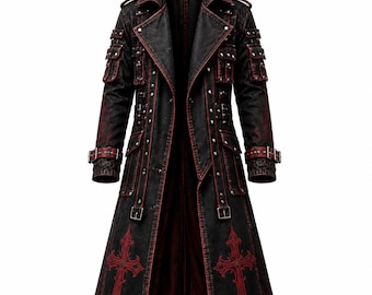 Black Gothic Cross Trench Coat for Men, Red Cross Long Coat, Dark Warrior Jacket, Punk Alternative Outerwear, Gothic Streetwear