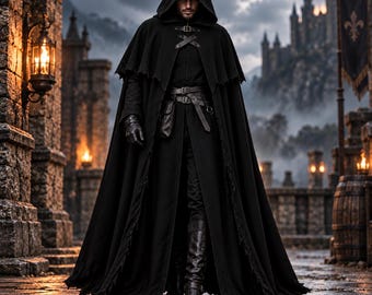 Medieval Executioner Hooded Cloak, Gothic Black Cape, Renaissance LARP Costume, Dark Wizard Robe, Halloween Fantasy Costume, Cosplay Outfit