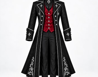 Black Patterned Long Coat, Crimson Waistcoat Set, Silver Ornate Formal Jacket, Baroque Menswear, Dramatic Evening Outfit, Dress Ensemble