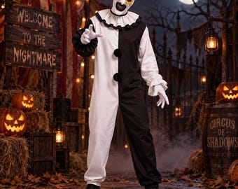 Art the Clown Costume, Terrifier Inspired Halloween Costume, Black White Horror Clown Jumpsuit, Handmade Cosplay Outfit for Men