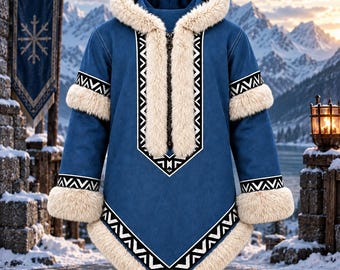 Blue Fantasy Cosplay Coat, Fur Lined Hooded Winter Jacket, Water Warrior Inspired Costume, LARP Outfit, Halloween Robe