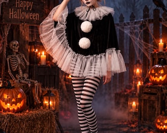 Gothic Pierrot Clown Top for Women, Dark Circus Halloween Costume, Black Velvet Clown Shirt, Ruffle Collar Top, Creepy Horror Cosplay