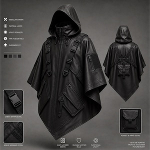Könnte beinhalten: Schwarzer Kapuzenponcho mit modularen Riemen, taktischen Schlaufen und Utility-Taschen. Mit YKK-Fuse-Details und Oversized-Passform. Brustriemendetail und Molle-Webdetail. Text: YKK Fuse Poncho, Tactical Evolution, Future Ready.