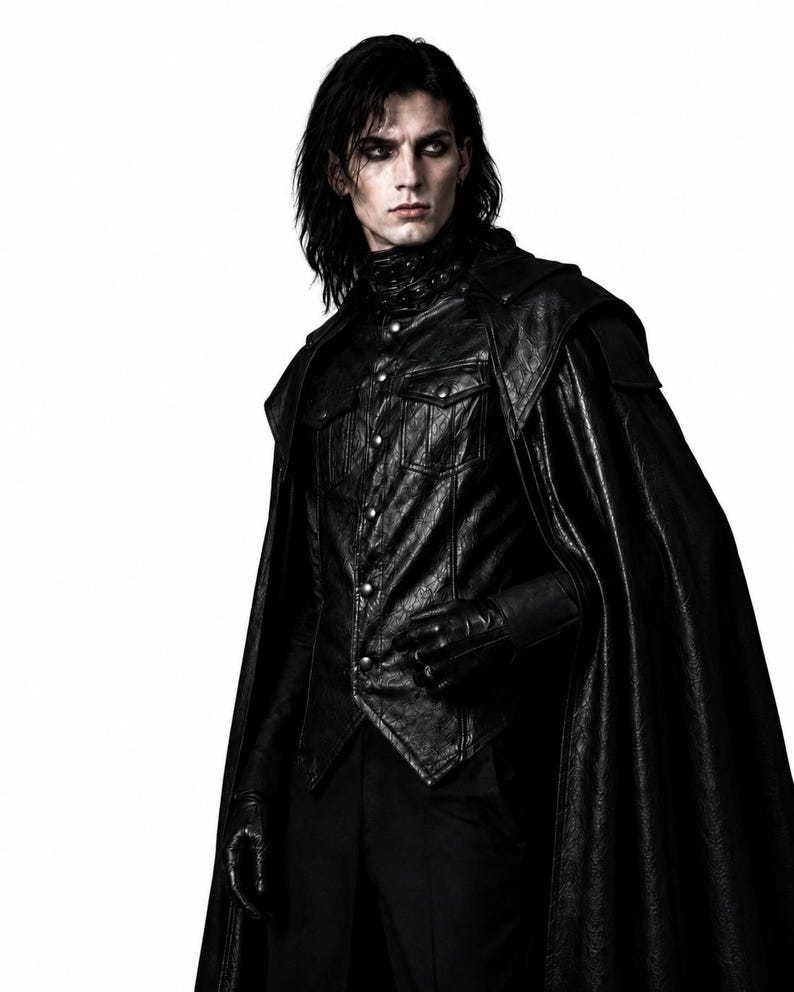 May include: A person wearing a black leather jacket with a high collar and a matching cape. The jacket has silver buttons and a textured appearance. The person is also wearing black gloves and pants. The background is white.