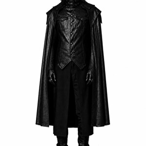 May include: A black leather-look outfit featuring a long cape, button-down jacket, and trousers. The ensemble includes black gloves and boots. The outfit has a gothic or alternative aesthetic.