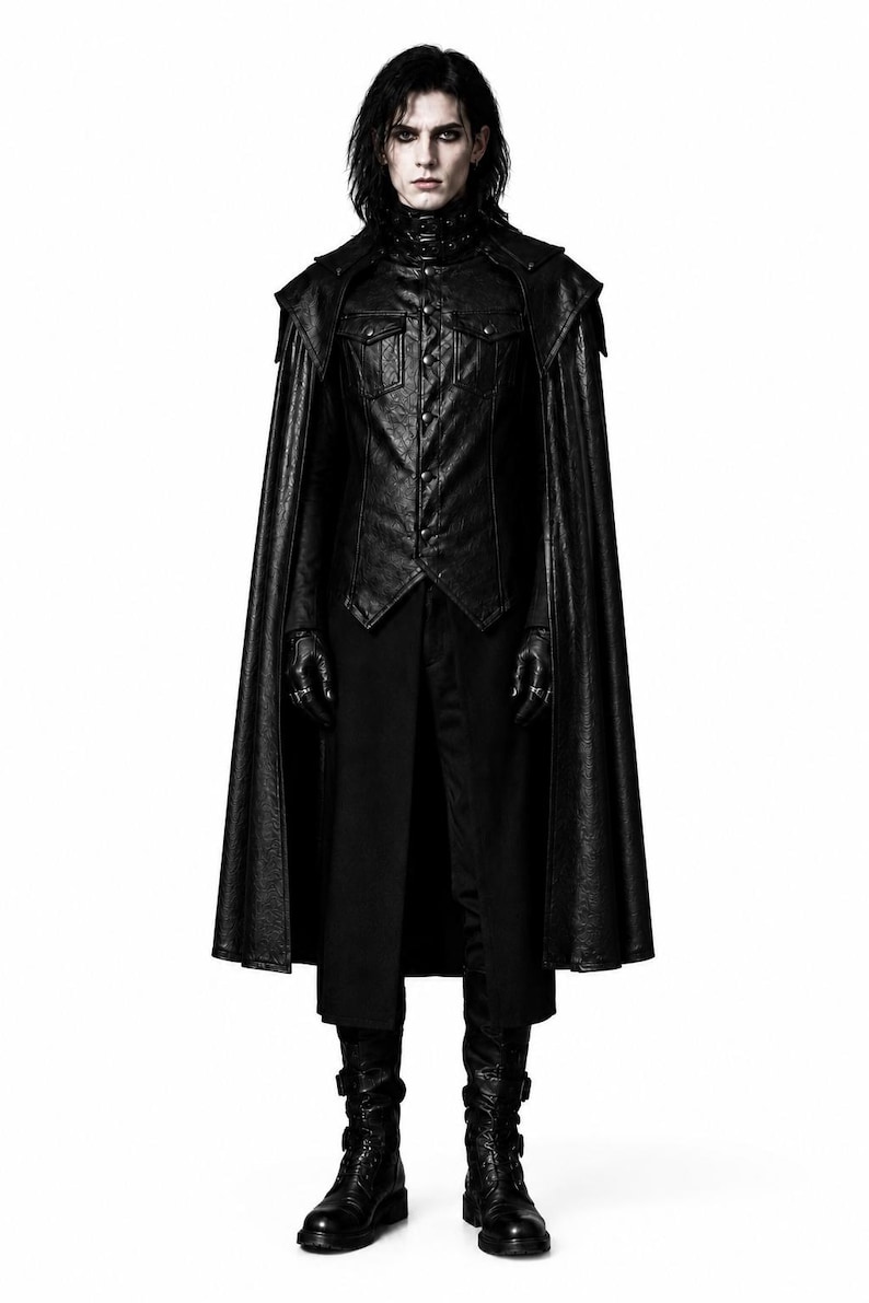 May include: A black leather-look outfit featuring a long cape, button-down jacket, and trousers. The ensemble includes black gloves and boots. The outfit has a gothic or alternative aesthetic.