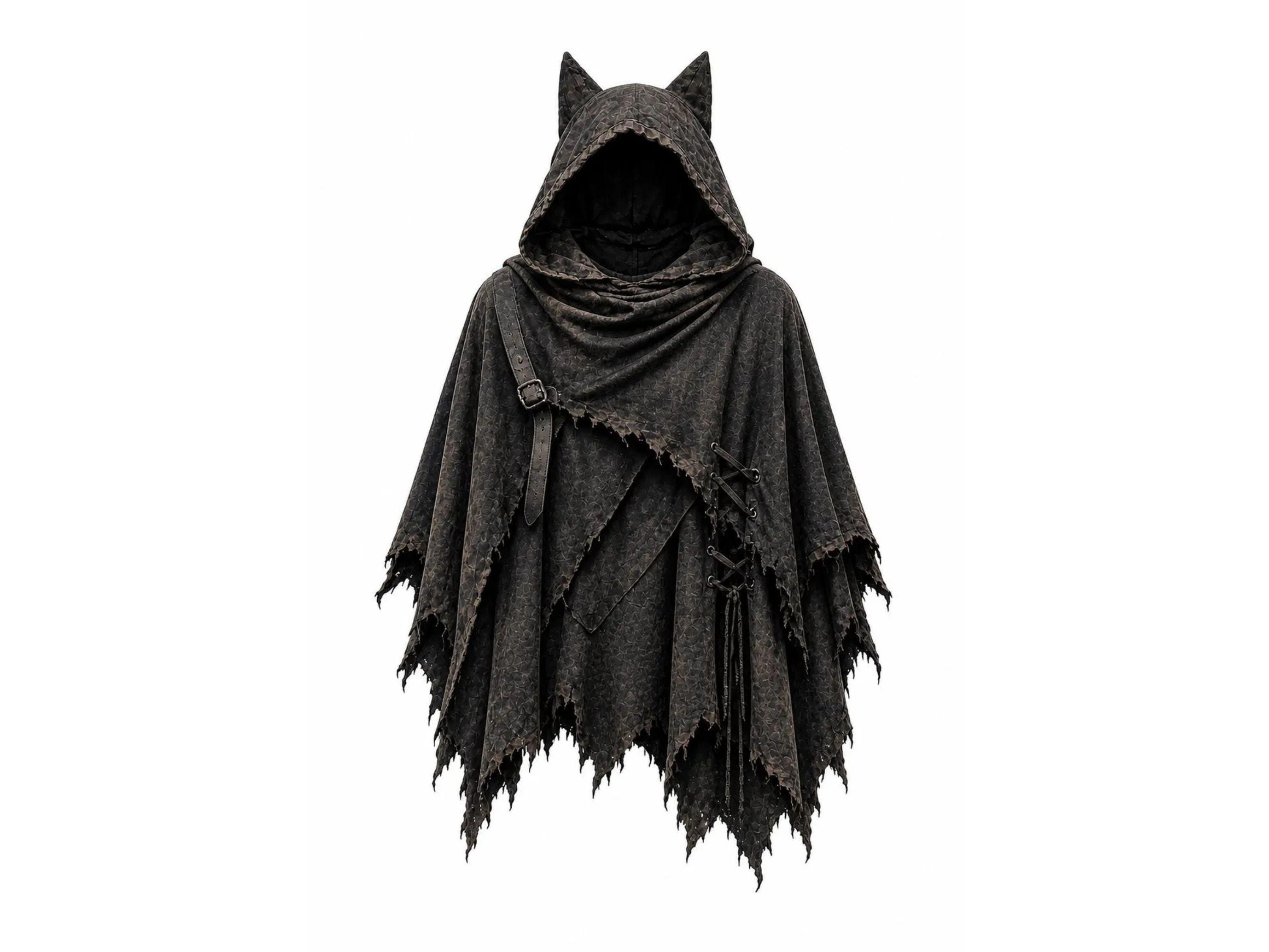 Distressed Bat-Ear Hooded Poncho - Post-Apocalyptic Wanderer Cape for LARP, Festivals - gift for him her