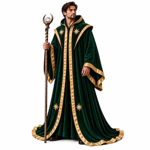 Può includere: Una tunica in velluto verde scuro lunga fino ai piedi con cappuccio, maniche larghe e bordi dorati. L'indumento è decorato con motivi a stella dorati ricamati sul petto e sulla parte inferiore della gonna. Un bastone marrone alto e intrecciato.