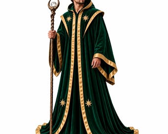 Velvet Robe, Emerald Green Hooded Mage Cape, Fantasy Sorcerer Costume, Medieval Renaissance Wizard Gown, Green Gold Cosplay