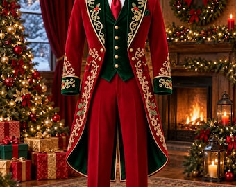Santa Suit for Men, Red Velvet Christmas Costume, Gold Embroidered Santa Outfit, Holiday Performer Costume