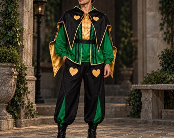 Jester Costume, Green Black Harlequin Cosplay Outfit, Gothic Carnival Clown Costume, Renaissance Circus Costume, Pierrot Stage Outfit