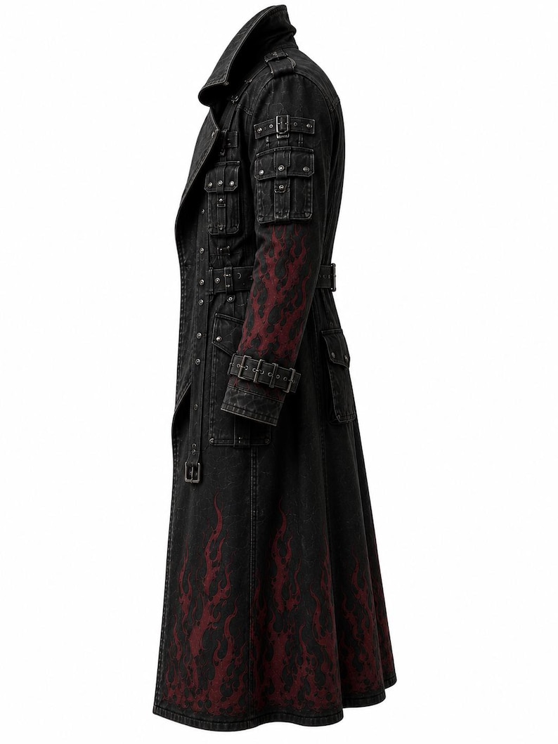 Close up side profile of a post apocalyptic military coat for men, highlighting heavy duty utility straps, buckles, and weathered darkwear aesthetic.