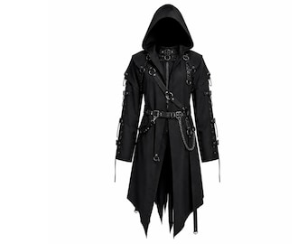 Black Punk Hooded Jacket – Gothic Victorian Overcoat, Steampunk Streetwear