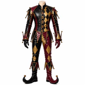 Gycklardräkt i läder, svart vinröd guldfärgad harlekindräkt, kunglig hovnarrdräkt, halloweenrenässanscosplay