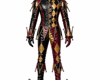 Jester Leather Suit, Black Burgundy Gold Harlequin Costume, Royal Court Fool Outfit, Halloween Renaissance Cosplay