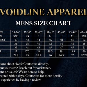 May include: A size chart for Voidline Apparel, displaying measurements for body chest, jacket size, jacket chest, waist, hip, shoulder, and sleeves. The chart includes sizes from XXS to 3XL, with measurements in inches.