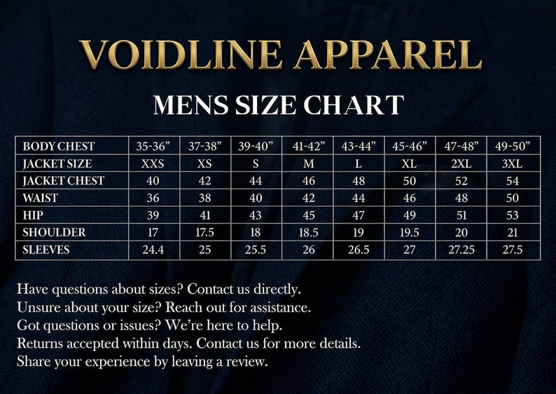 May include: A size chart for Voidline Apparel, displaying measurements for body chest, jacket size, jacket chest, waist, hip, shoulder, and sleeves. The chart includes sizes from XXS to 3XL, with measurements in inches.